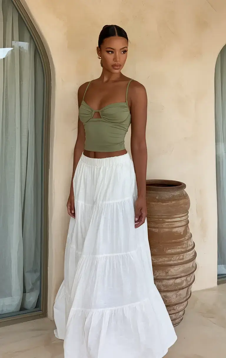 fashion outfits ideas for teens girls summer 2025 Earthy Green & White Elegance