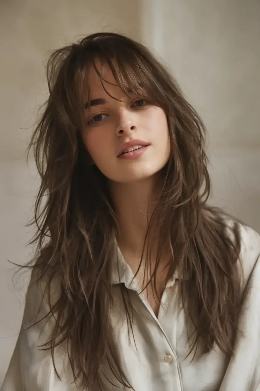 girl haircut summer ideas 2025 Textured Shag with Curtain Bangs