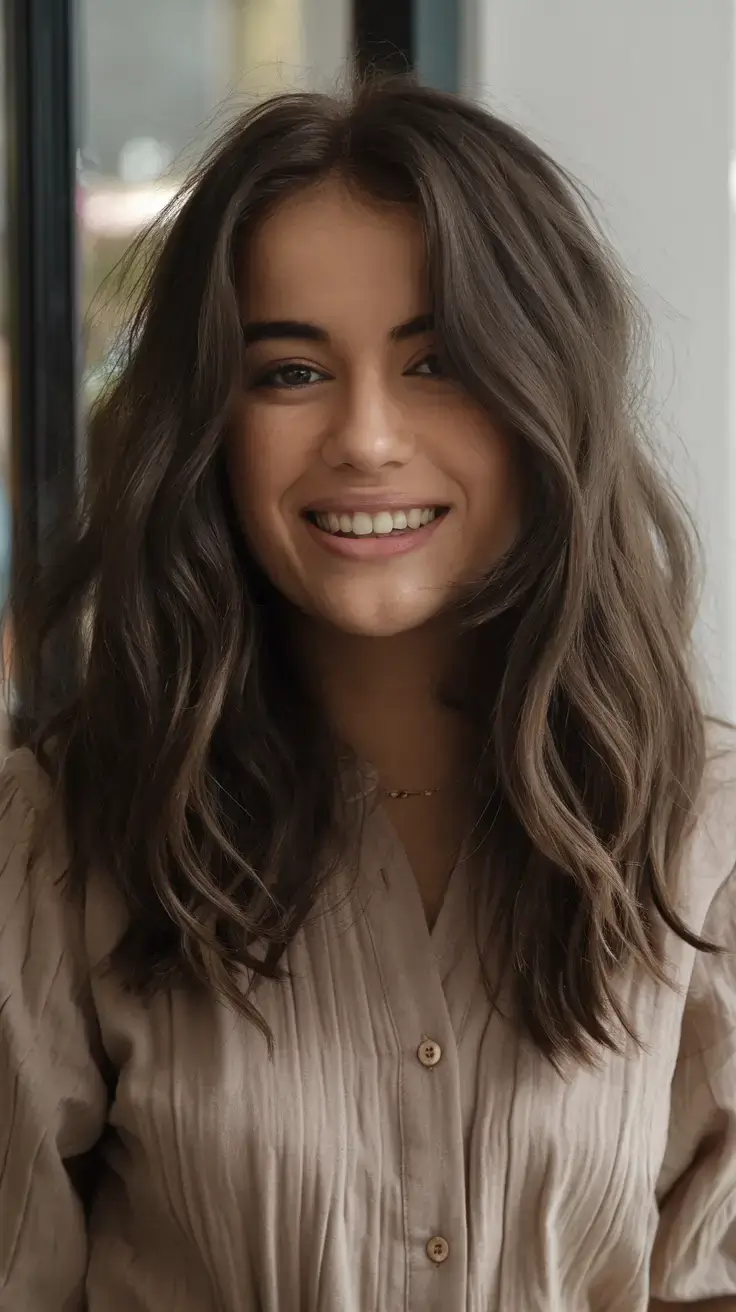 girl haircut summer ideas 2025 Beachy Waves with a Natural Brunette Glow