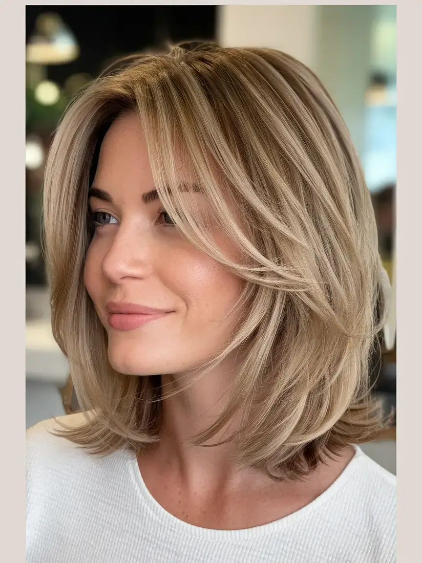 girl haircut summer ideas 2025 Feathered Bob with Light Honey Highlights