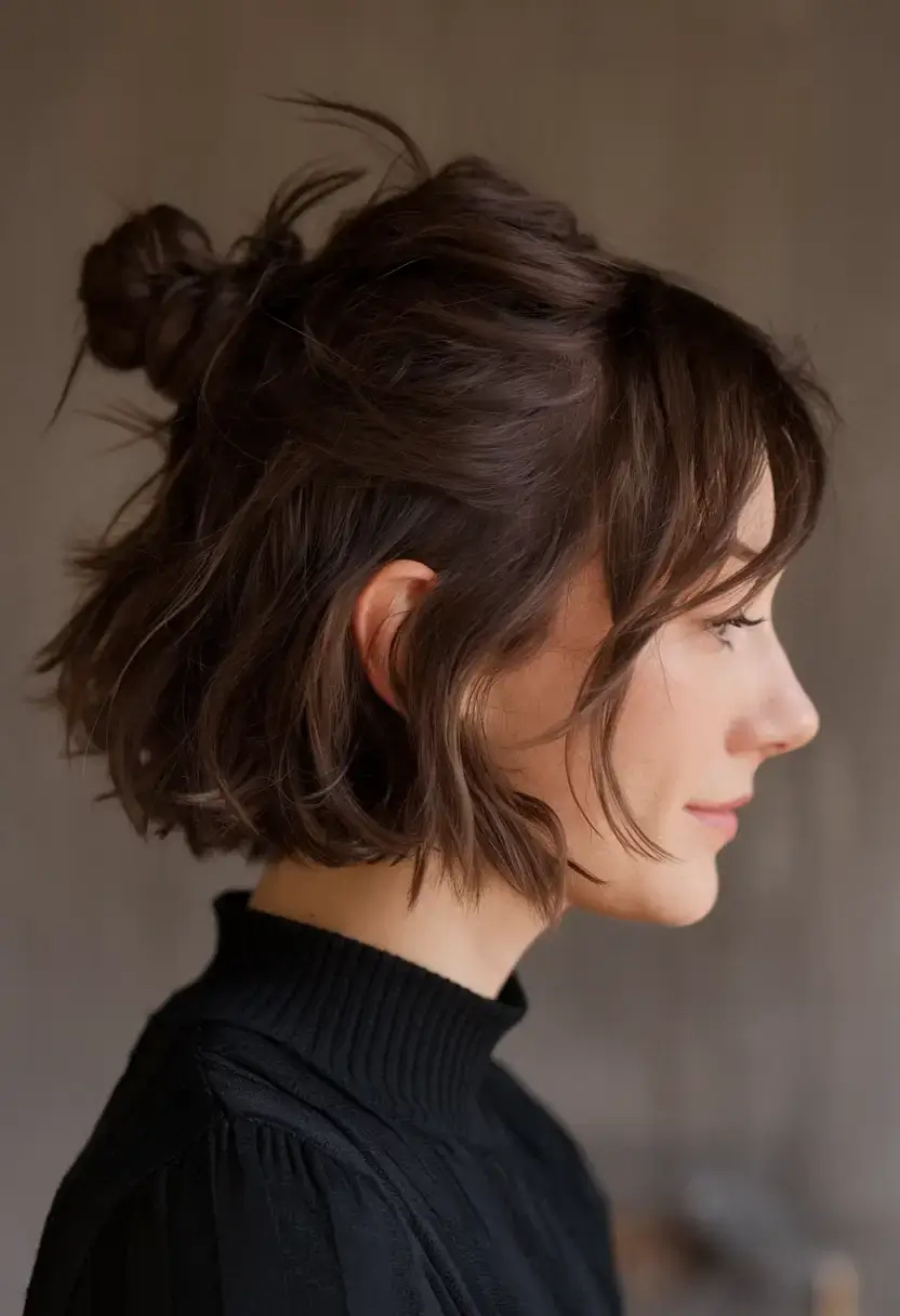 girl haircut summer ideas 2025 Short Bob with Messy Top Knot