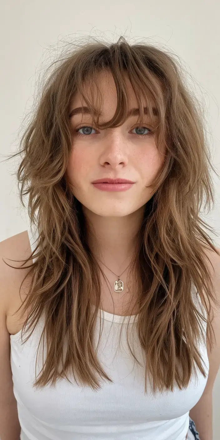 shaggy haircut summer ideas 2025 Effortless Long Shag with Piecey Bangs