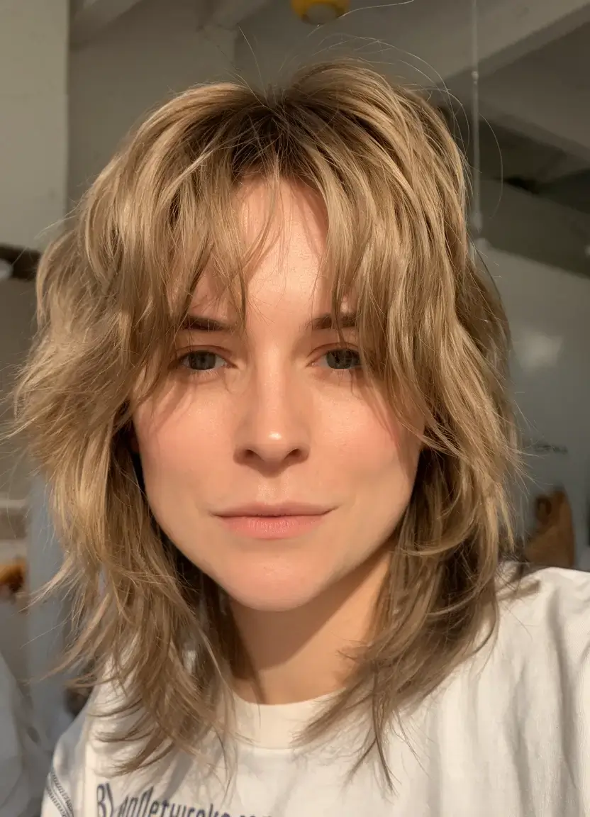 shaggy haircut summer ideas 2025 Golden Mushroom Shag with Wispy Fringe