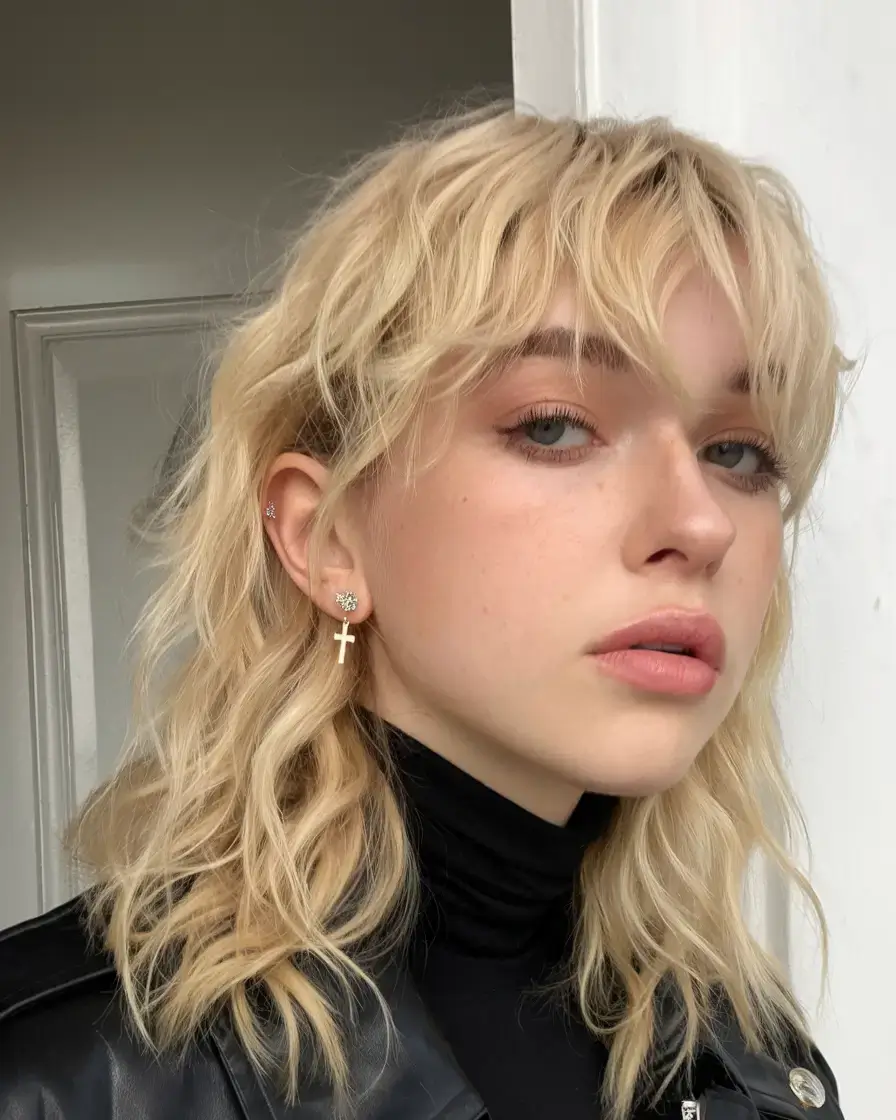 shaggy haircut summer ideas 2025 Choppy French Blonde with Fluffy Curtain Bangs