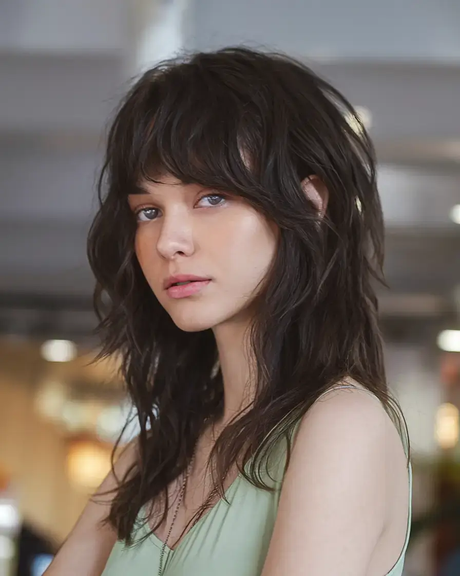 shaggy haircut summer ideas 2025 Glossy Midnight Shag with Full Bangs