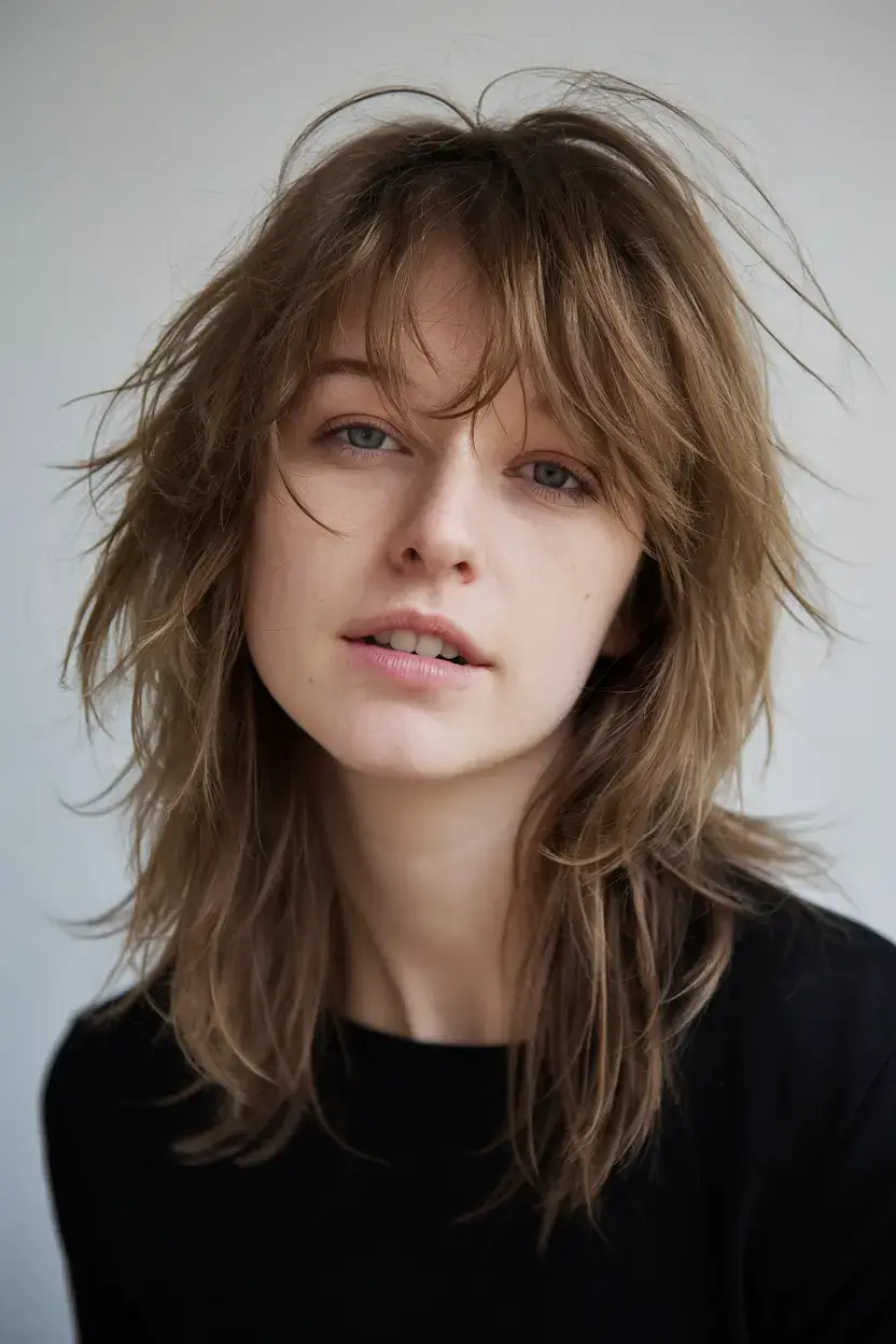 shaggy haircut summer ideas 2025 Messy Midi Layers with Lifted Crown
