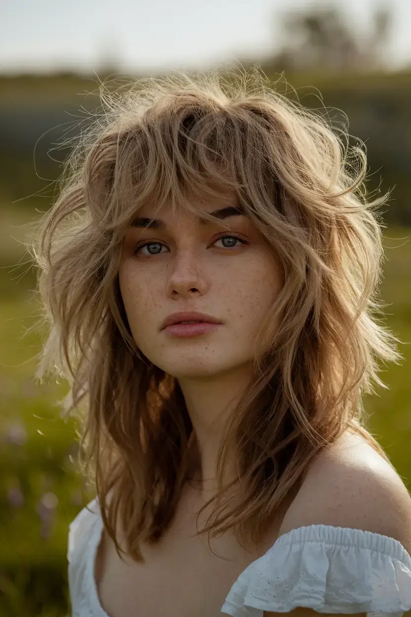 shaggy haircut summer ideas 2025 Sun-Soaked Honey Shag with Texture Bangs
