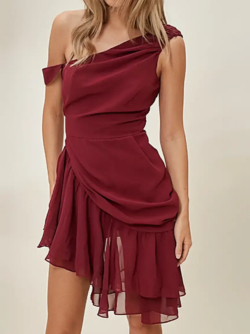 summer 2025 birthday outfit ideas One-Shoulder Burgundy Drama with Layered Hem