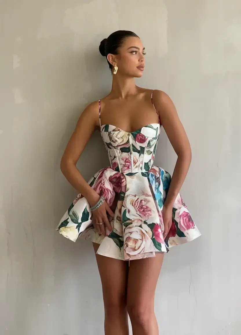 summer 2025 birthday outfit ideas Corset Rose Print Dress That Brings the Drama