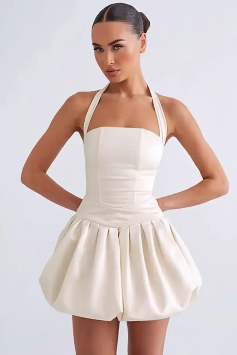 summer 2025 birthday outfit ideas Structured Cream Halter Bubble Dress