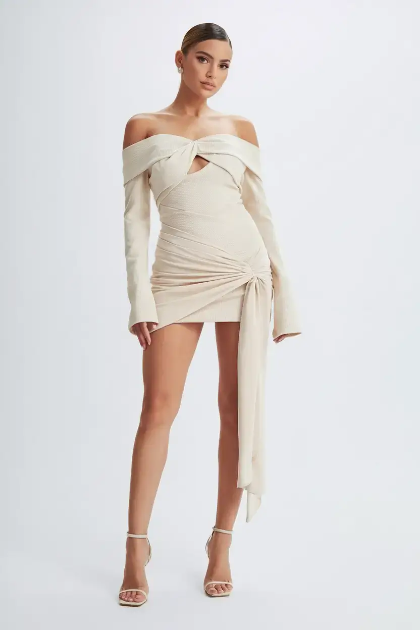 summer 2025 birthday outfit ideas Off-Shoulder Wrap Dress with Sculpted Sleeves