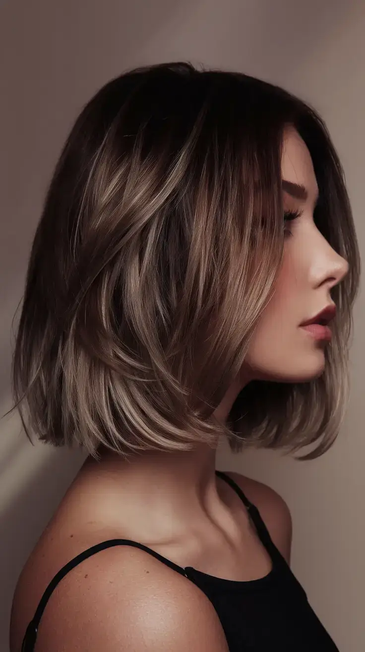 summer bob hairstyles 2025 Ombre Rounded Bob with Smoky Brunette Tones