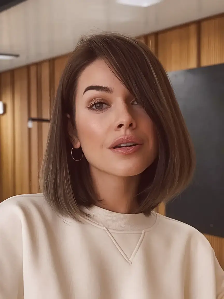 summer bob hairstyles 2025 Sleek Brunette Bob with Side Bangs