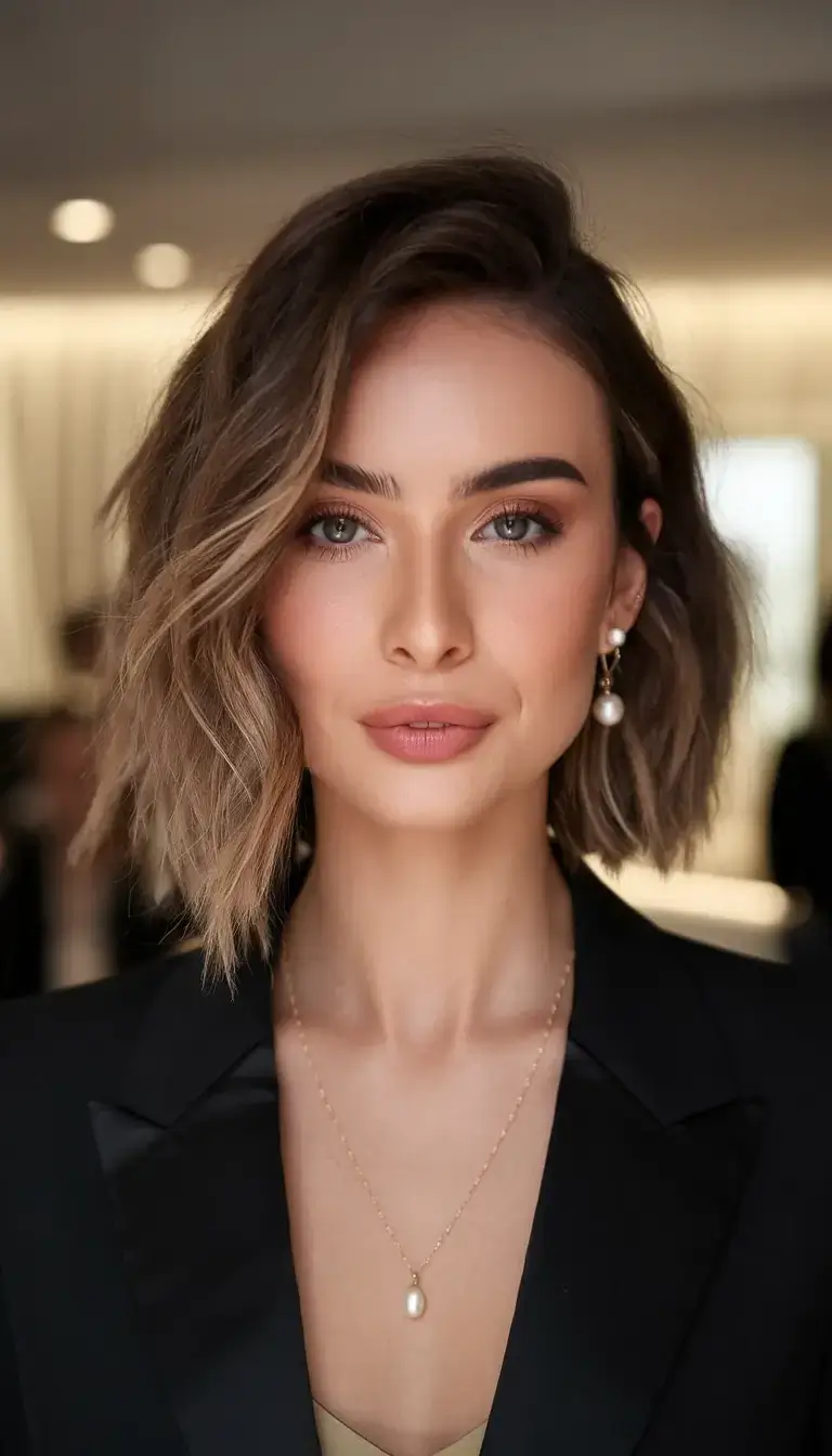 summer bob hairstyles 2025 Side-Swept Elegance with Brunette Highlights