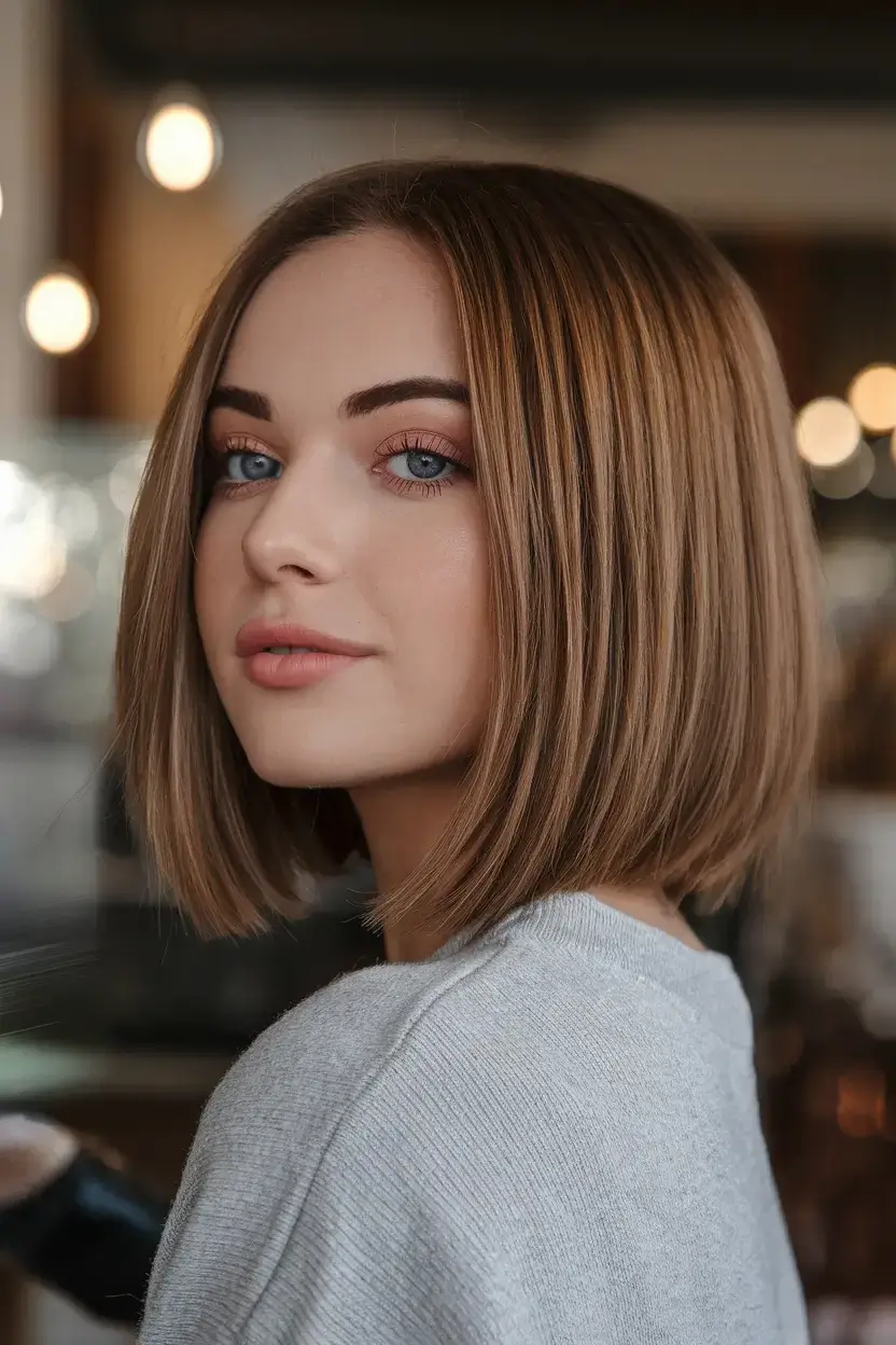 summer bob hairstyles 2025 Classic Rounded Bob with Warm Brunette Tone