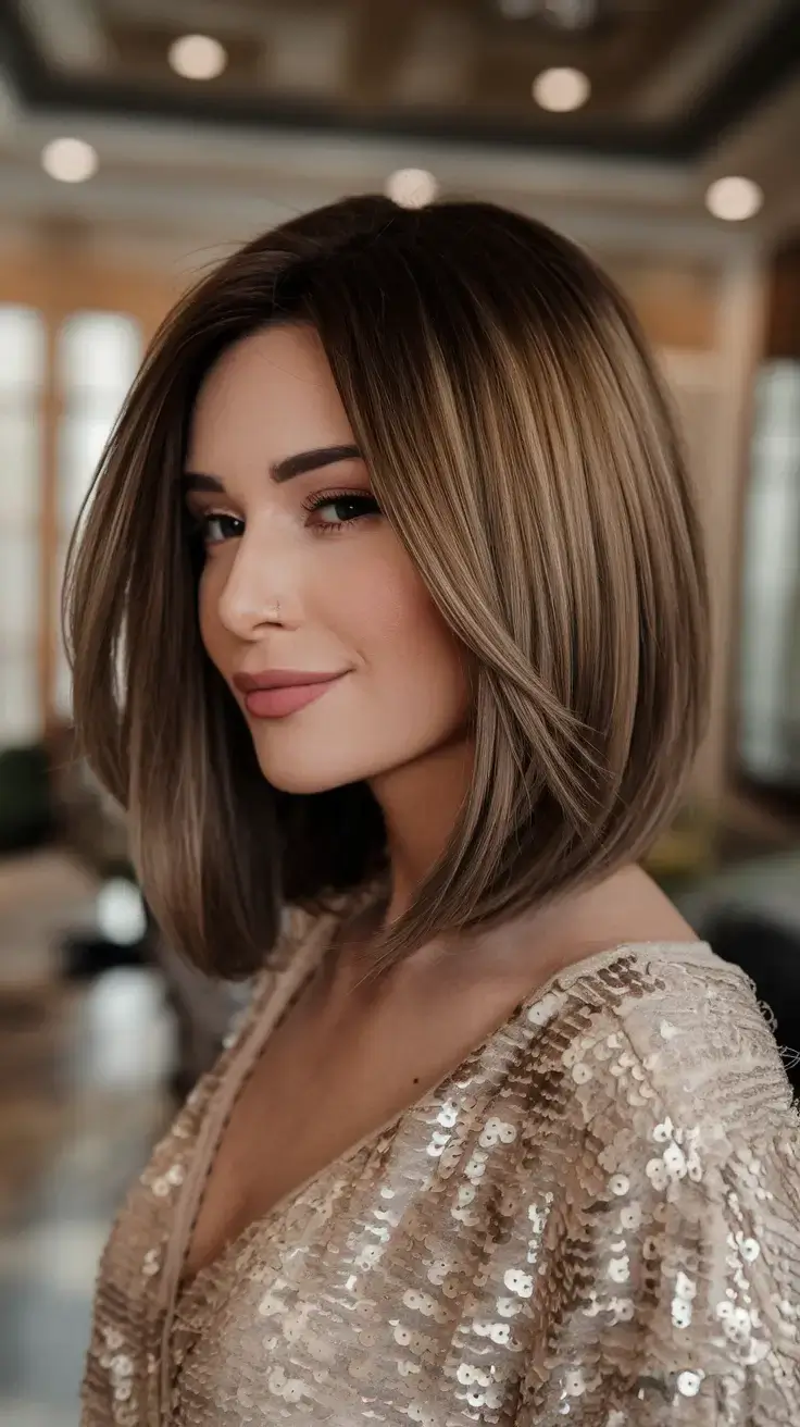 summer bob hairstyles 2025 Glossy Tapered Bob with Dimensional Highlights