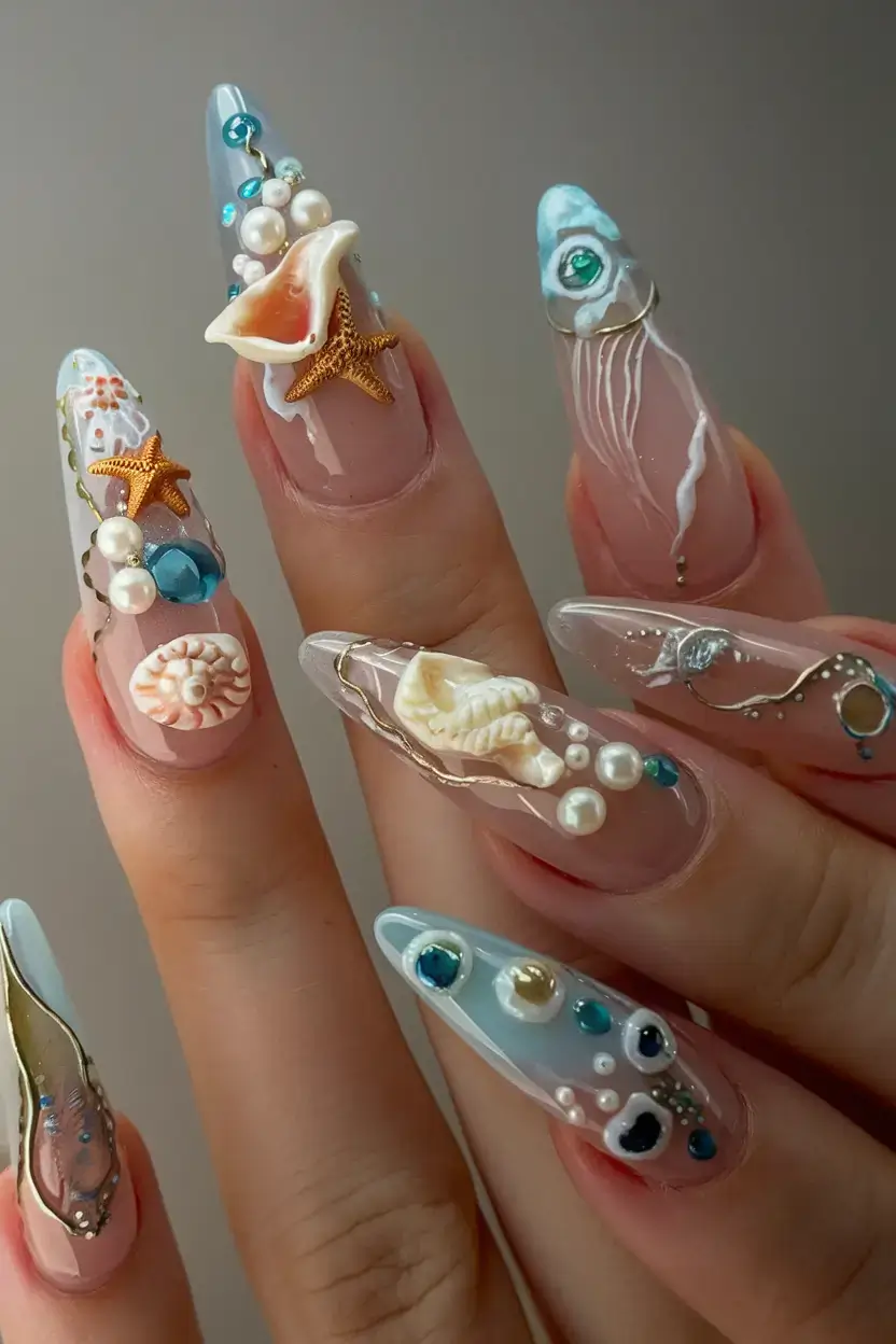Beach tropical vacation nails ideas 2025 Mermaid’s Treasure