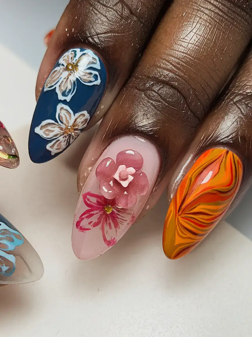 Beach tropical vacation nails ideas 2025 Bold Tropic Blooms