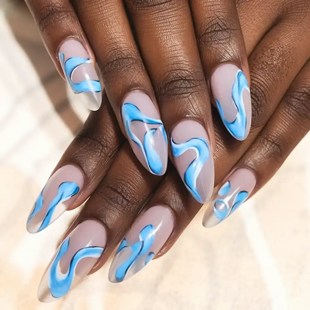Beach tropical vacation nails ideas 2025 Electric Aqua Swirls
