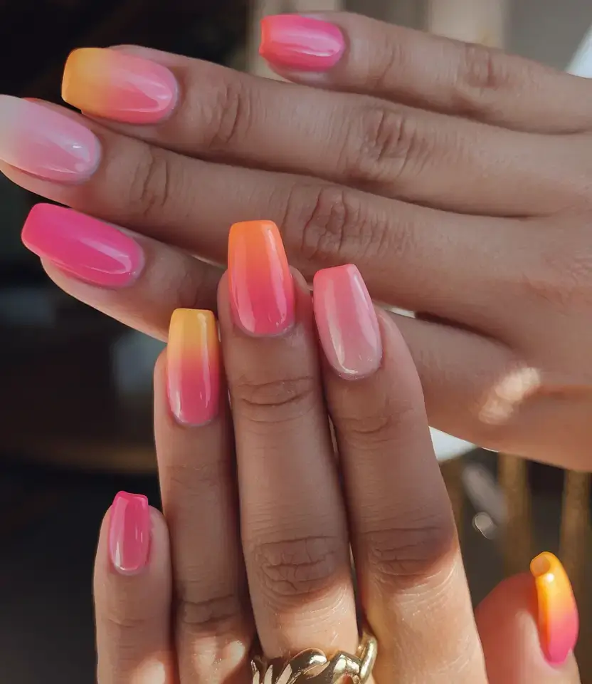 Beach tropical vacation nails ideas 2025 Sunset Gel Fade