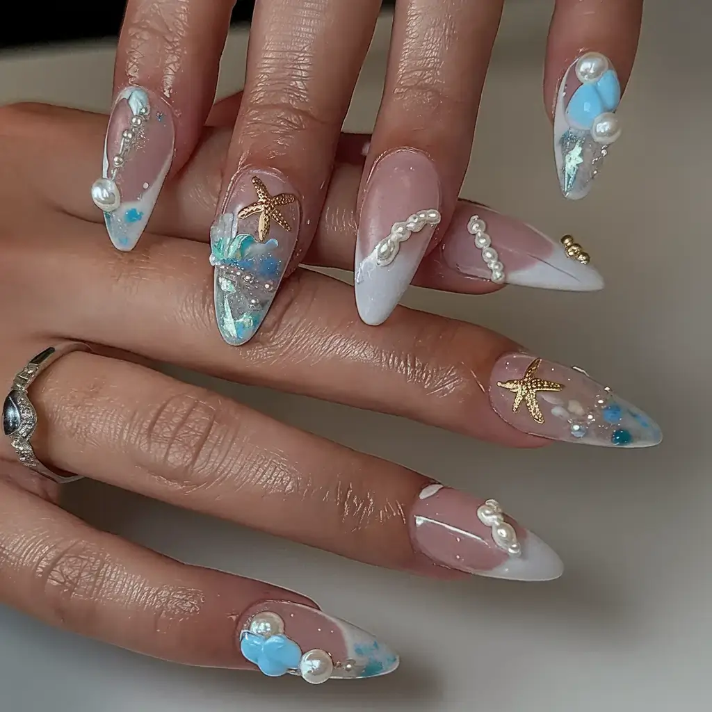 Beach tropical vacation nails ideas 2025 Starry Sea Garden