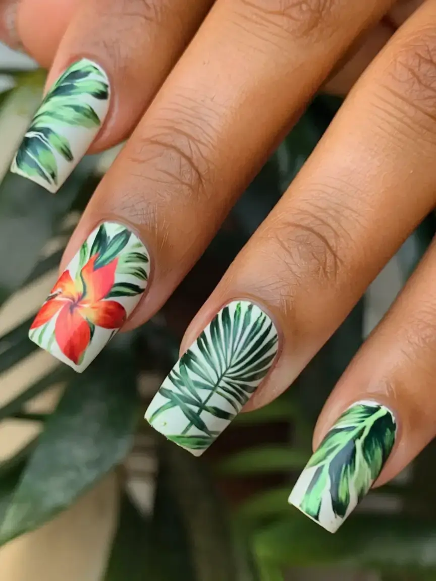 Beach tropical vacation nails ideas 2025 Tropical Forest Print