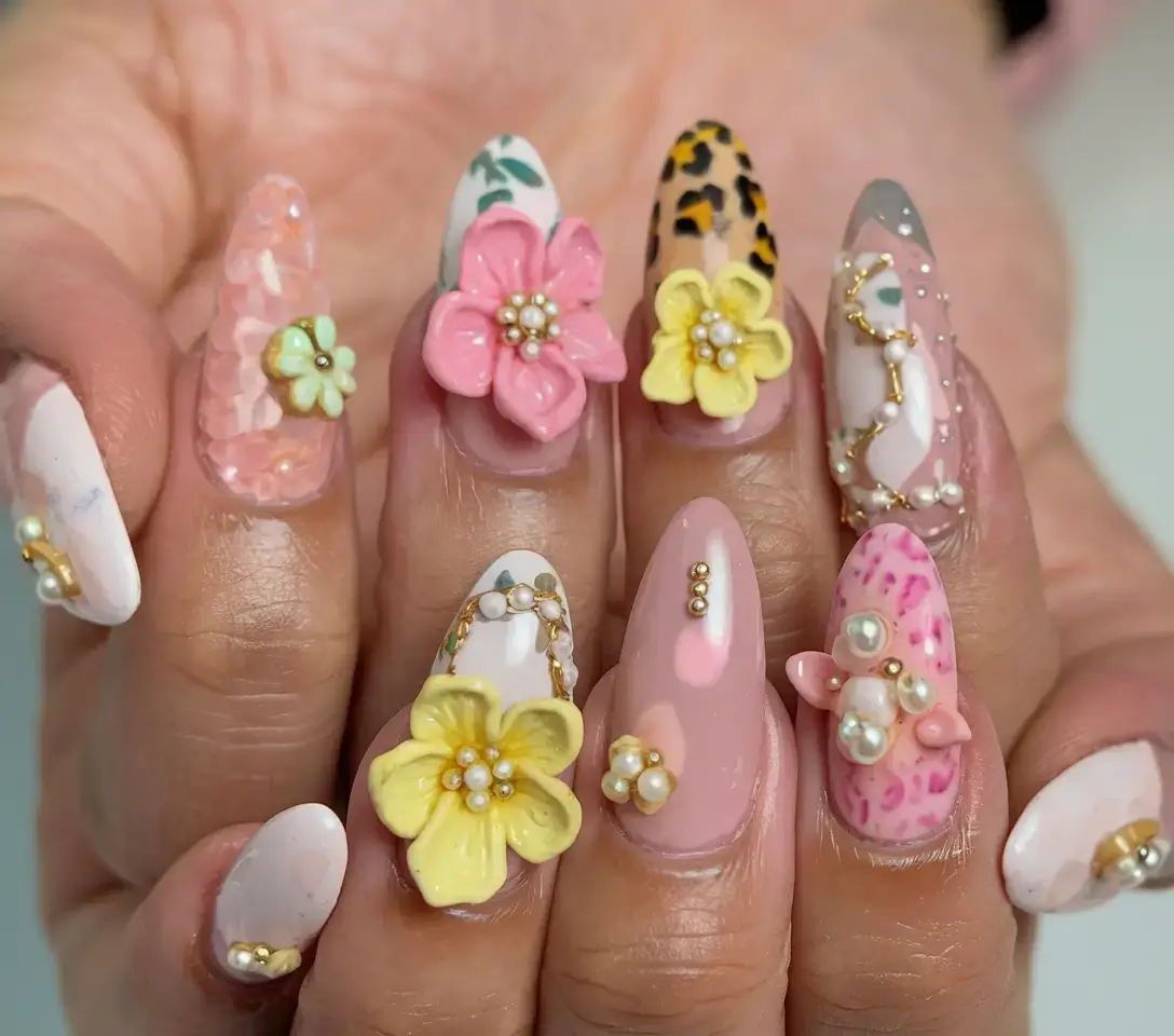 Beach tropical vacation nails ideas 2025 Maximalist Tropic Mashup