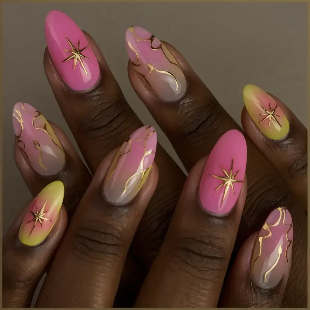 Beach tropical vacation nails ideas 2025 Sunset Starburst