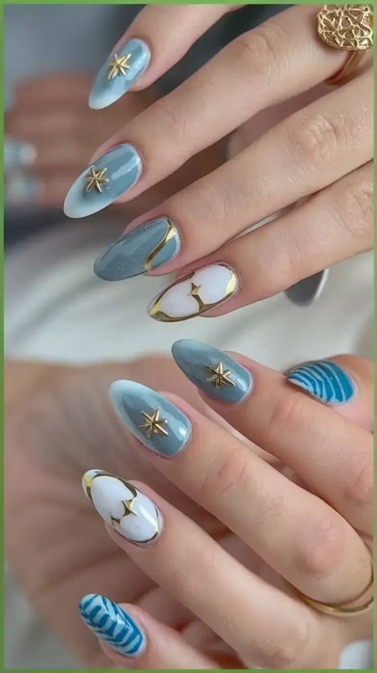 Beach tropical vacation nails ideas 2025 Celestial Blue & Gold