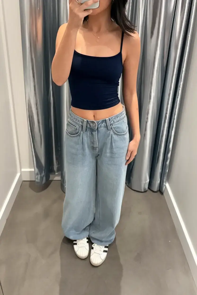 basic outfit ideas for the summer of 2025 Navy Tank & Slouchy Denim: The Anti-Try-Hard Combo