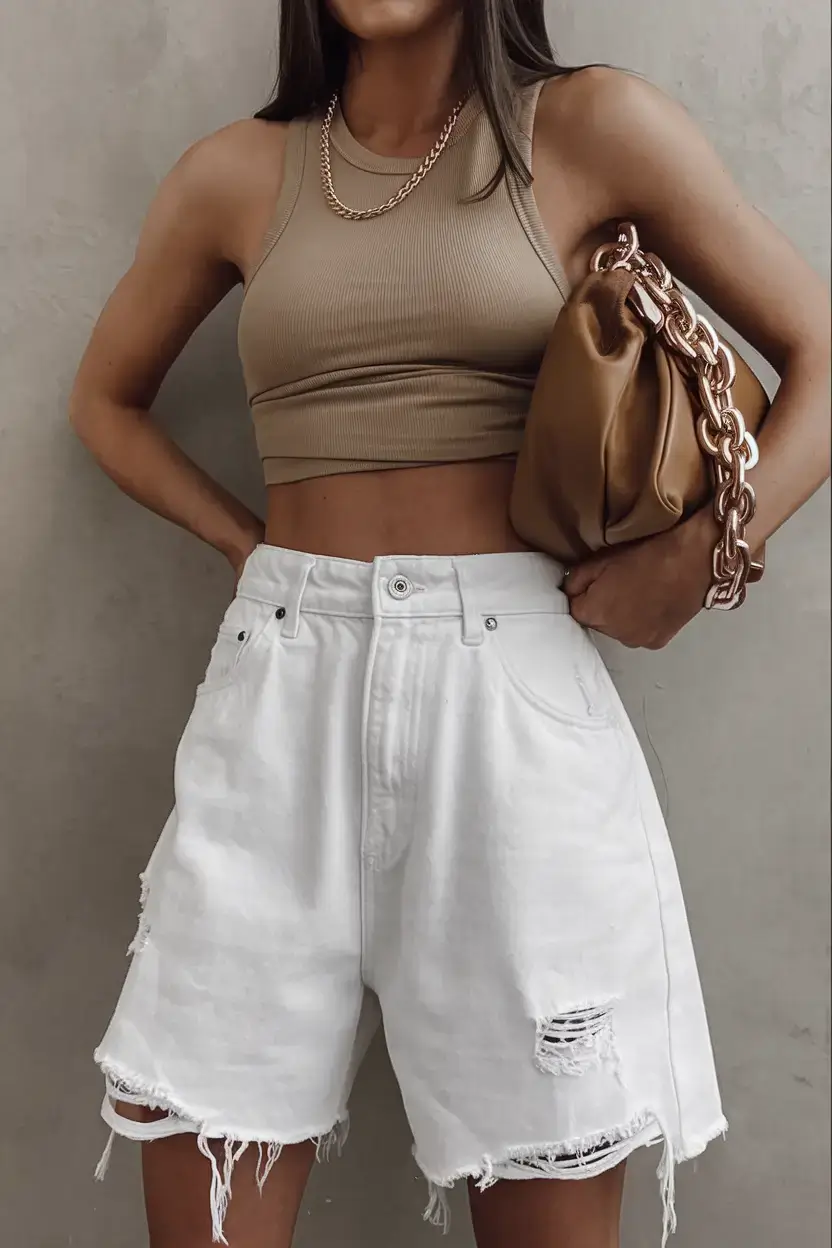 basic outfit ideas for the summer of 2025 Distressed White Denim & Cropped Camel Tank
