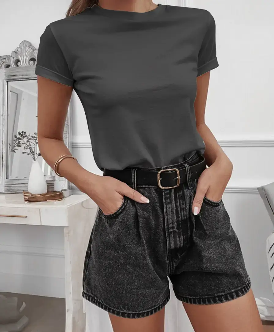 basic outfit ideas for the summer of 2025 Washed-Black Denim & Charcoal Tee for Cool Casual Confidence
