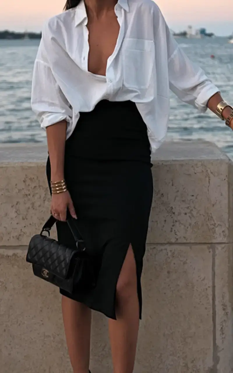 basic outfit ideas for the summer of 2025 Classic White Shirt & Black Skirt with Riviera Vibes