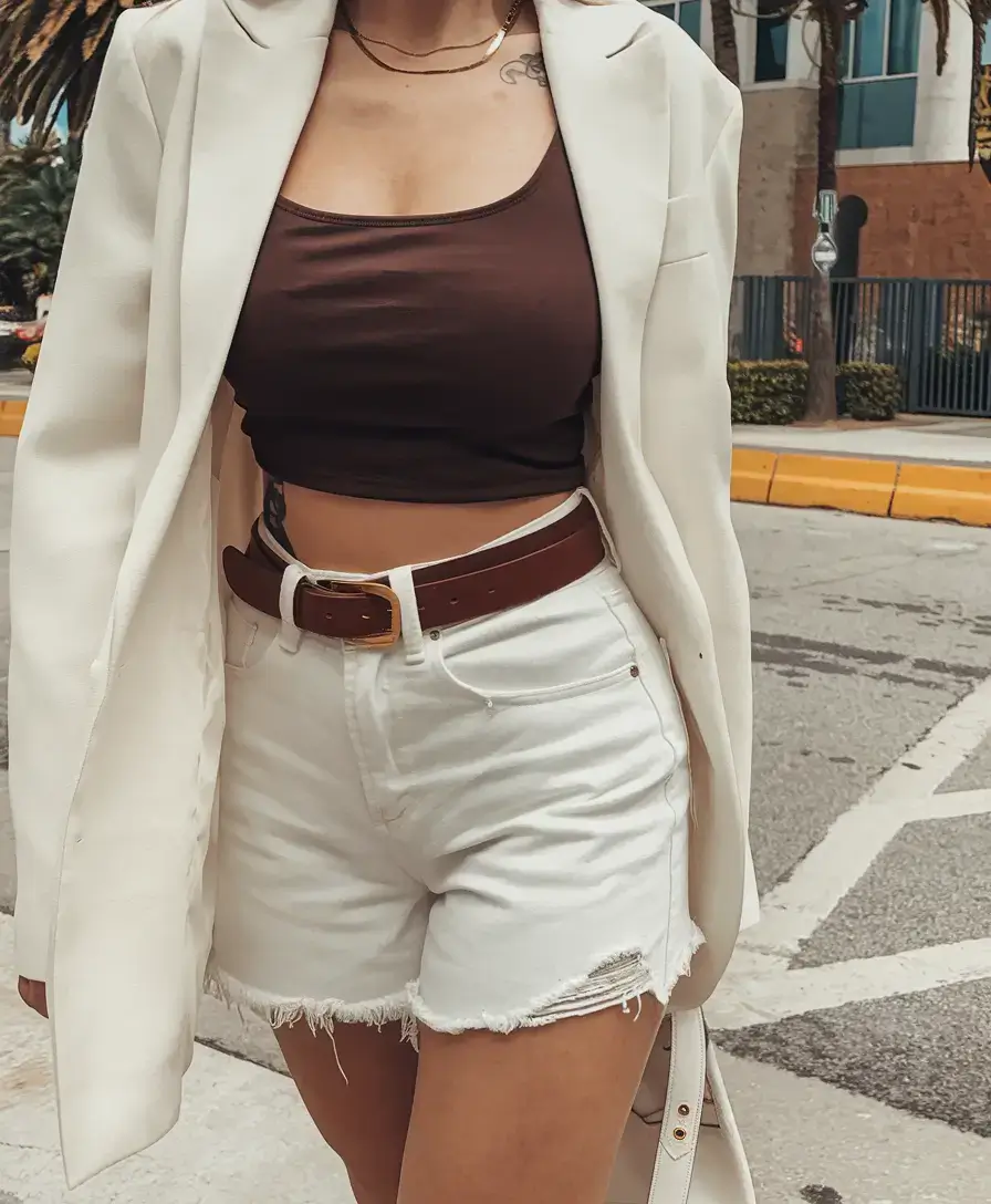basic outfit ideas for the summer of 2025 Cream Blazer Meets Cropped Tank: Coffee to Cocktails