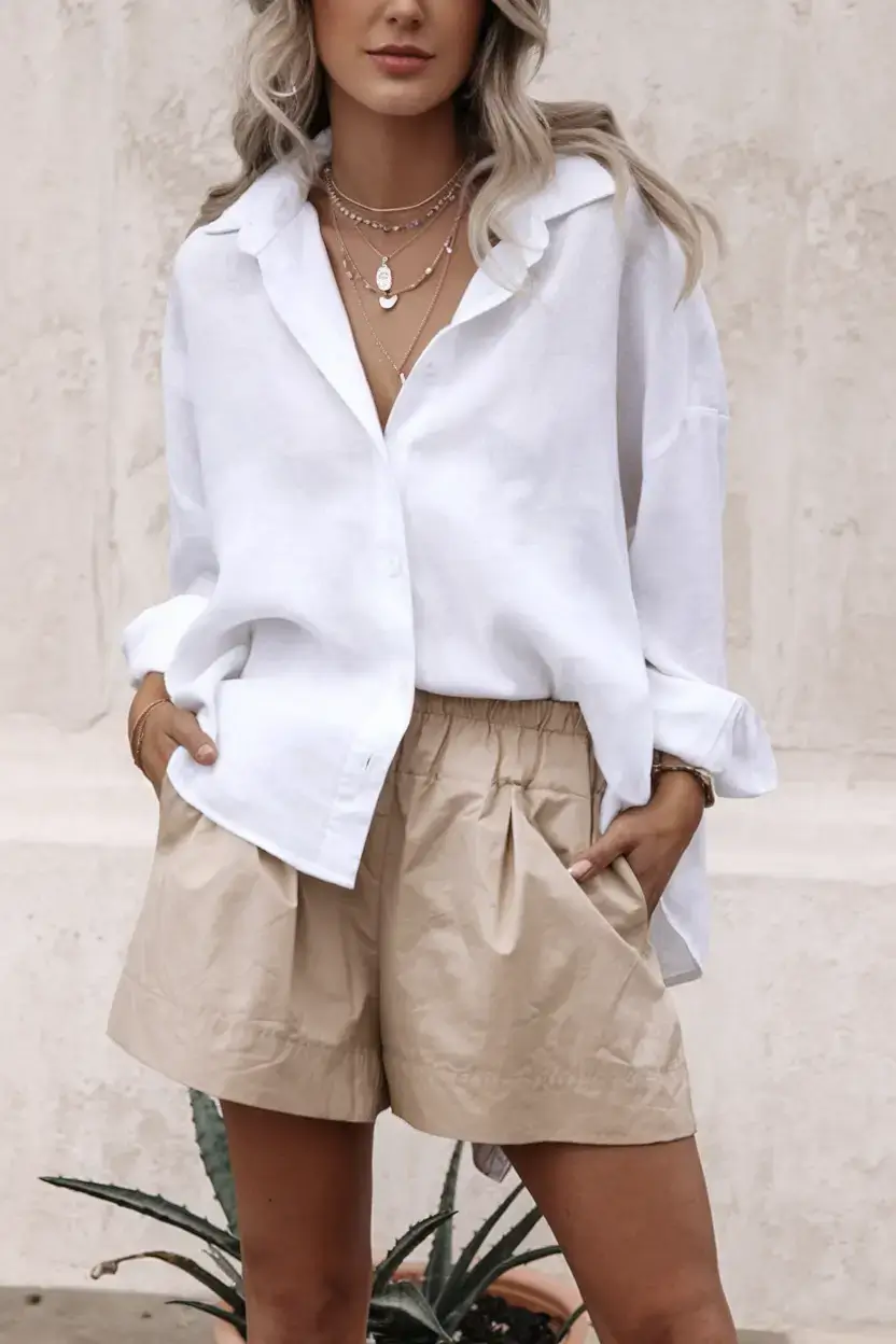 business casual outfit ideas for the summer of 2025 Laid-Back Luxe: Crisp Shirt and Paperbag Shorts