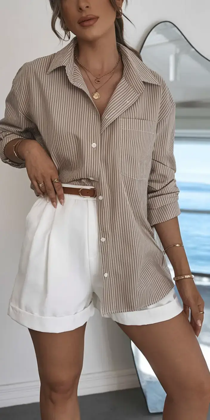 business casual outfit ideas for the summer of 2025 Weekend Chic: Taupe Stripes & Rolled White Shorts