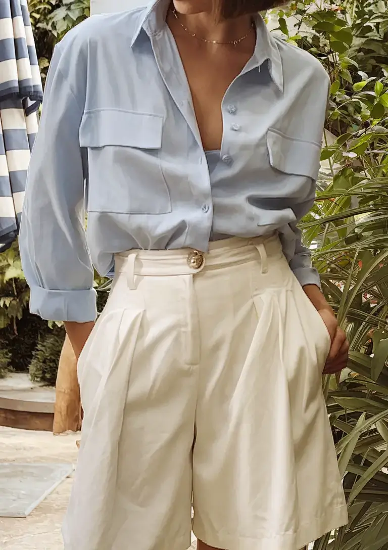 business casual outfit ideas for the summer of 2025 Summer Utility: Sky Blue Shirt and Cream Bermudas