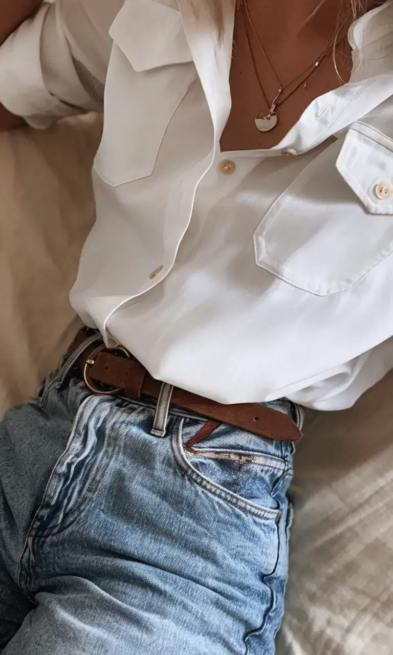 business casual outfit ideas for the summer of 2025 Denim Redux: White Shirt & Brown Leather Belt