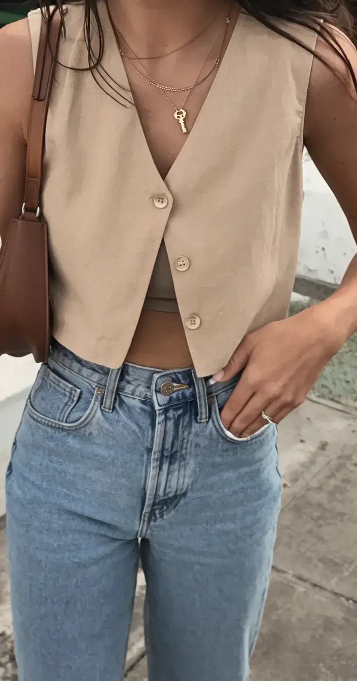 business casual outfit ideas for the summer of 2025 Modern Retro: Cropped Vest & Classic Jeans