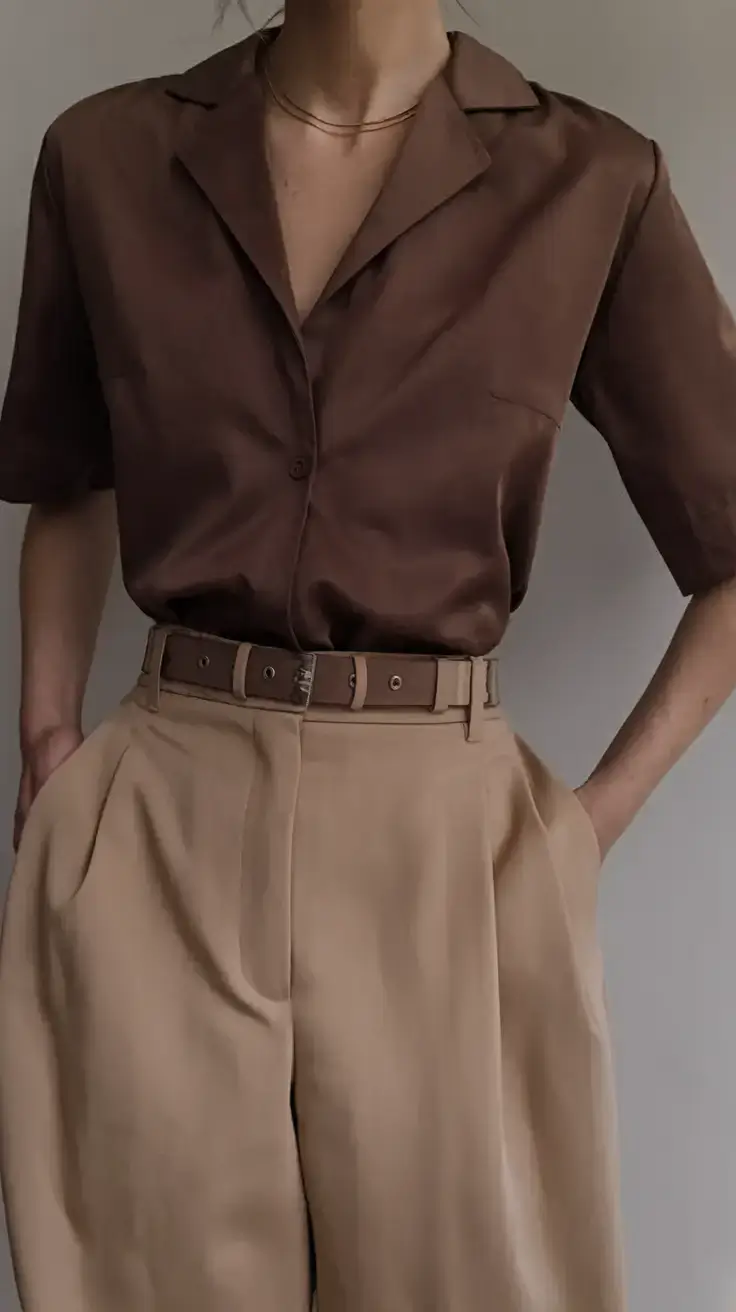 business casual outfit ideas for the summer of 2025 Earthy & Elevated: Chocolate Silk and Camel Trousers