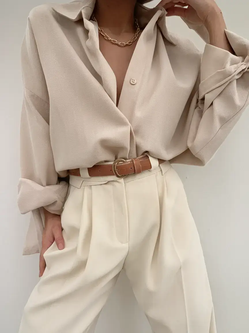 business casual outfit ideas for the summer of 2025 Textural Neutrals: Creamy Silk and Pleated Trousers