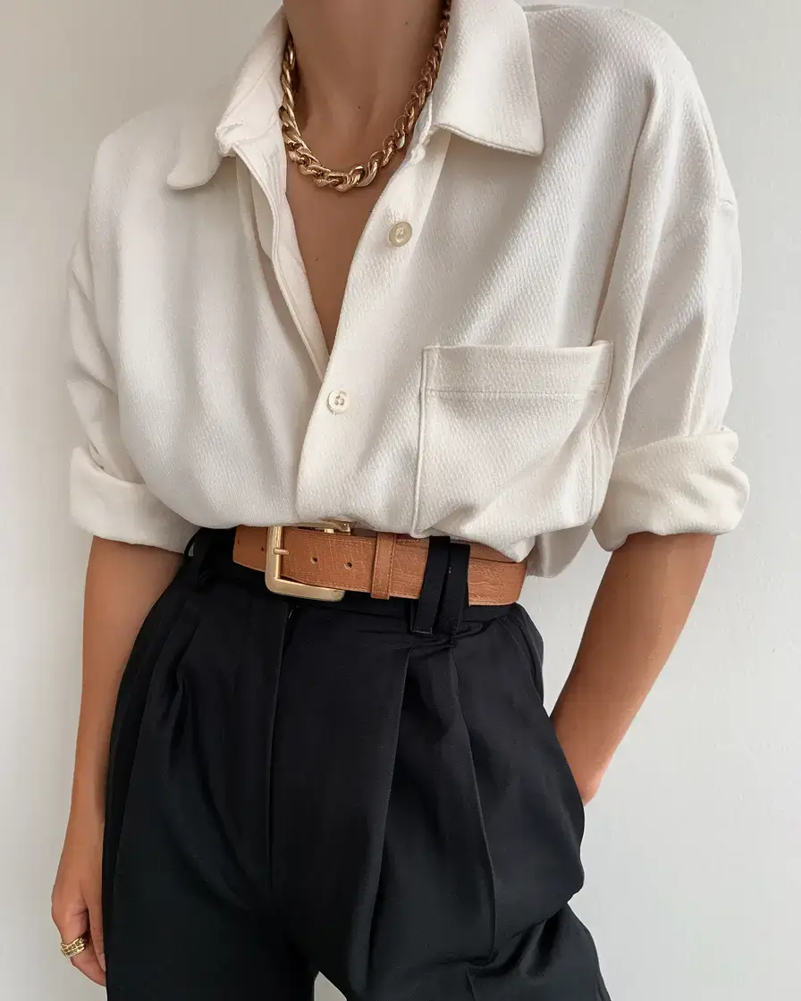 business casual outfit ideas for the summer of 2025 Modern Monochrome: Textured Cream & Black with Bold Hardware