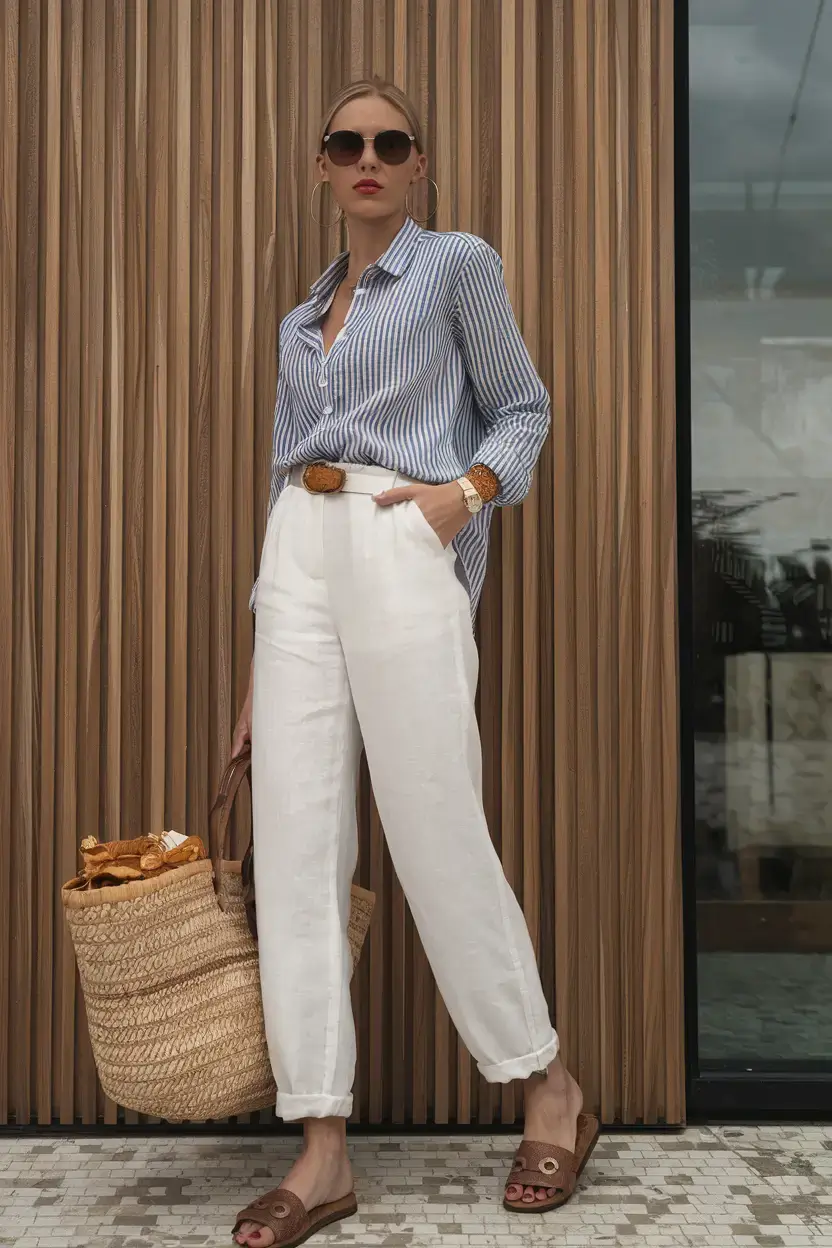 business casual outfit ideas for the summer of 2025 Seaside Sharp: Stripes and Linen Calm