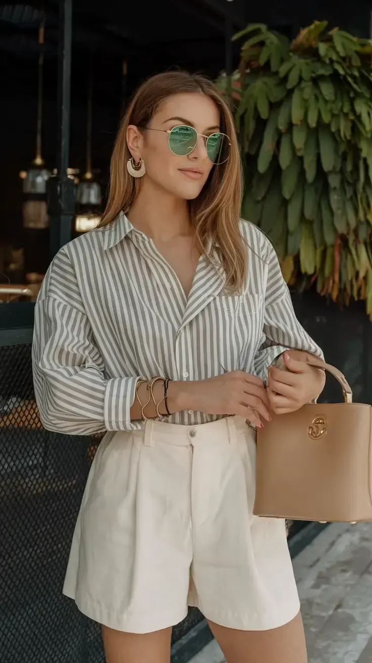 business casual outfit ideas for the summer of 2025 Effortlessly Buttoned Up: Shorts with Stripes