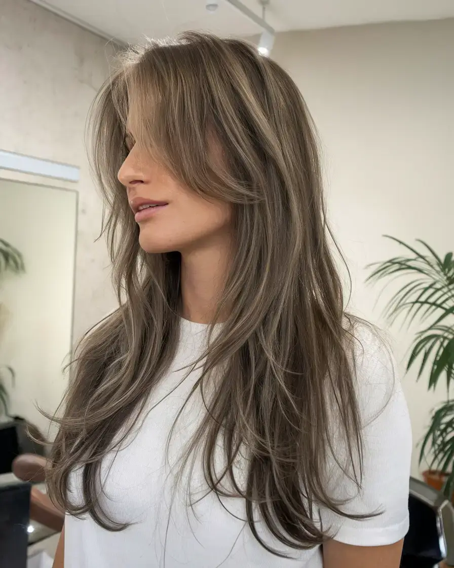 butterfly haircuts summer ideas 2025 Cool Ash-Toned Butterfly with Sleek Face Layers