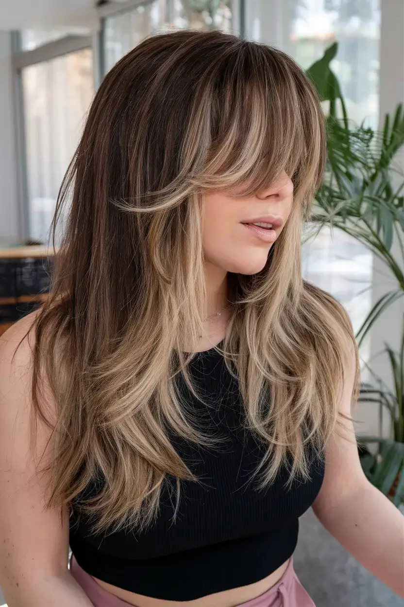 butterfly haircuts summer ideas 2025 Dimensional Layers with Full Curtain Bangs