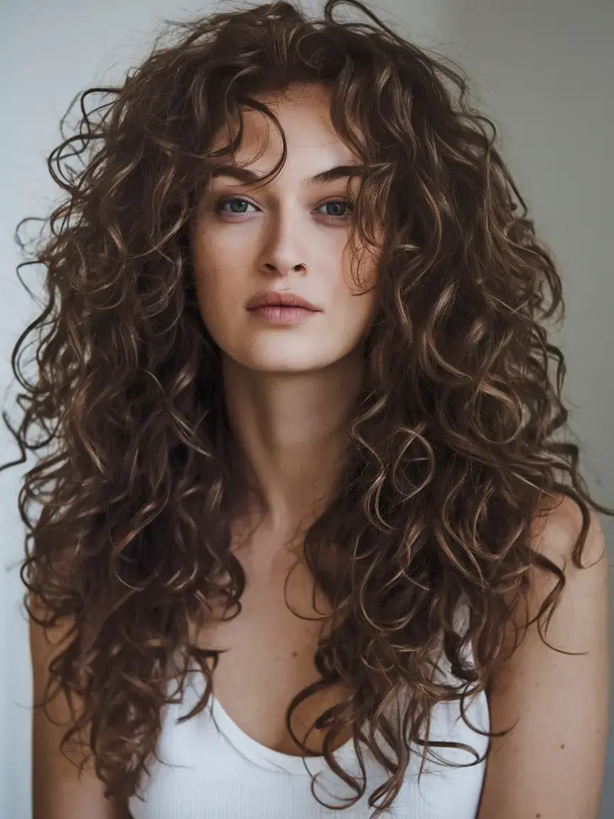 curly haircuts summer ideas 2025 Extra Long Curls with Curtain Bangs