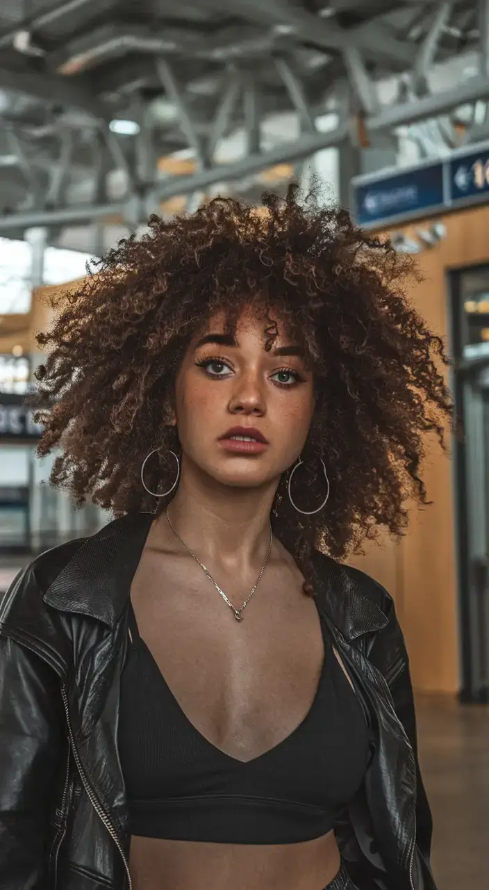 curly haircuts summer ideas 2025 Big Halo Afro with Soft Bangs