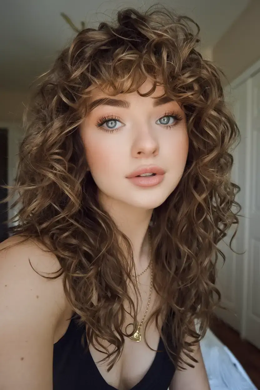 curly haircuts summer ideas 2025 Voluminous Curls with Curved Bangs