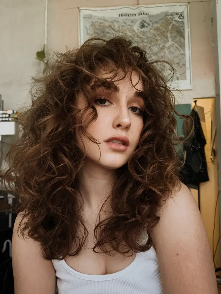 curly haircuts summer ideas 2025 Textured Mid-Length Shag with Full Bangs
